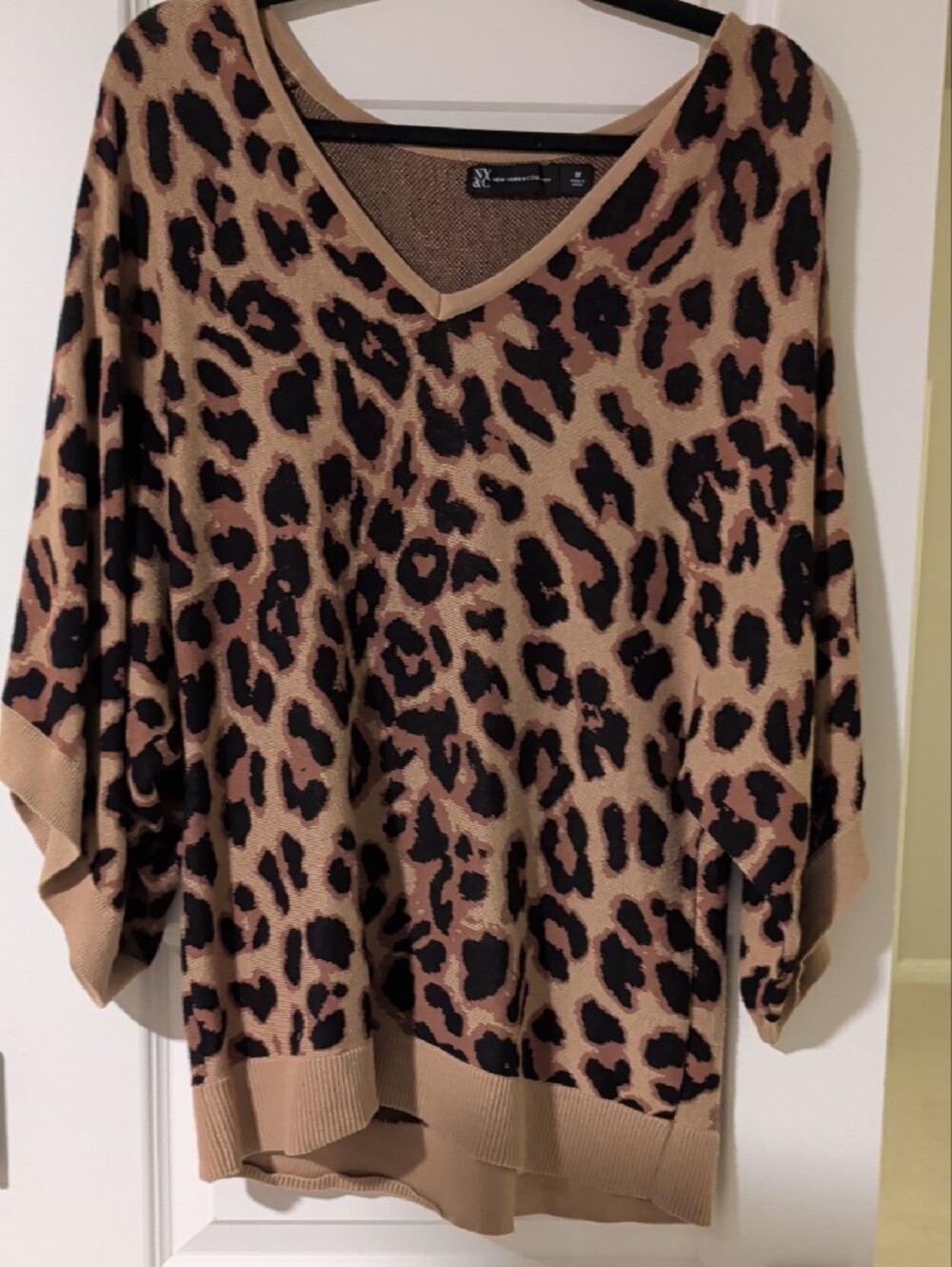 New York & Company Leopard Print V-Neck Sweater - Tan & Black - Picture 2 of 6